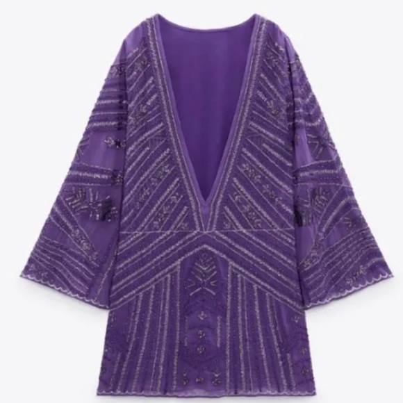 ZARA SHORT  Beaded Purple Tunic  Dress Size S-M Embroidered - Picture 3 of 9